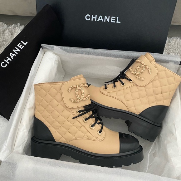 Chanel 20A Beige Short Combat Boots - Picture 2 of 14